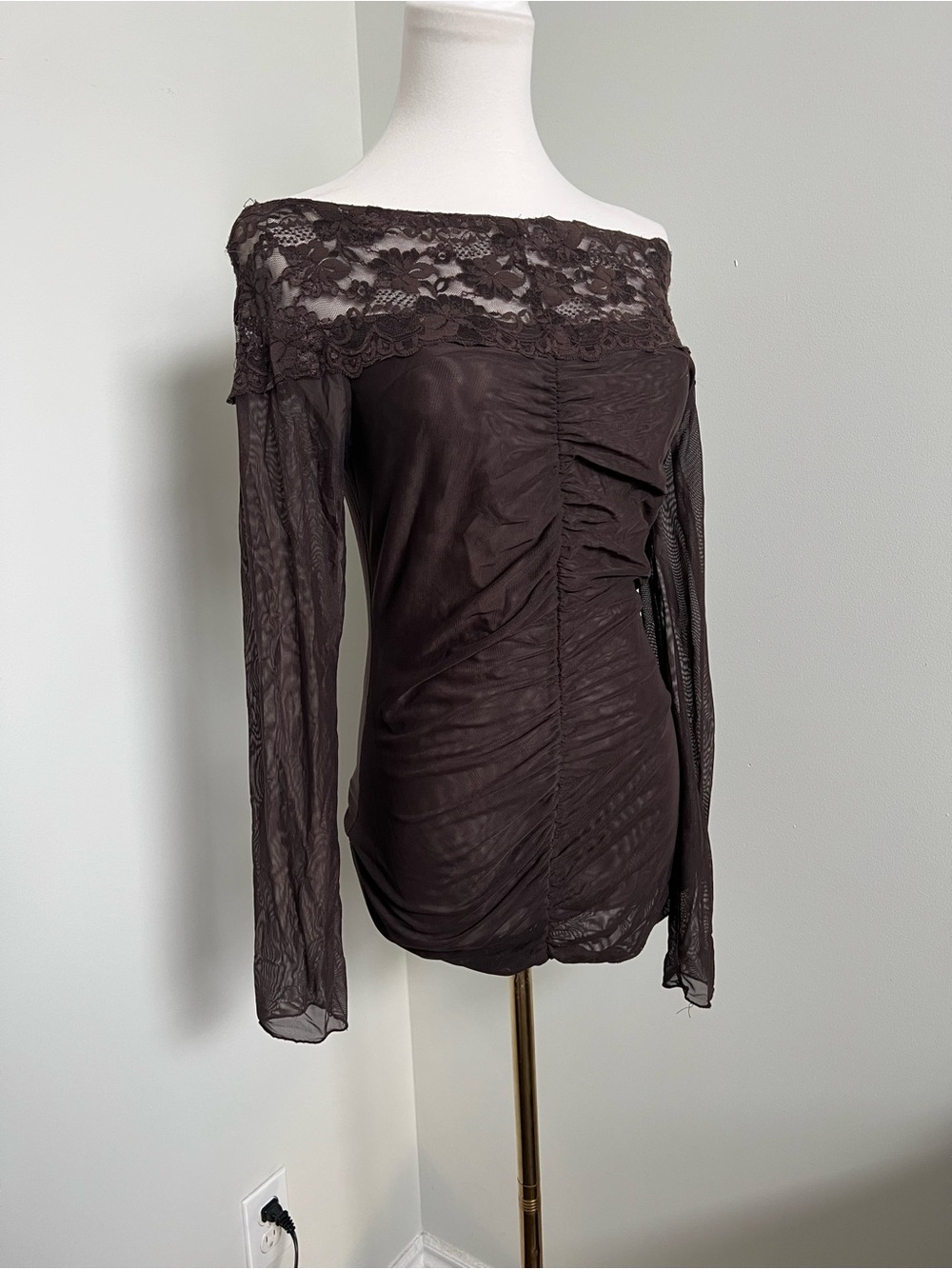 Vintage Whimsigoth Chocolate Brown Lace Mesh Ruched Mini Dress S - Picture 3 of 6